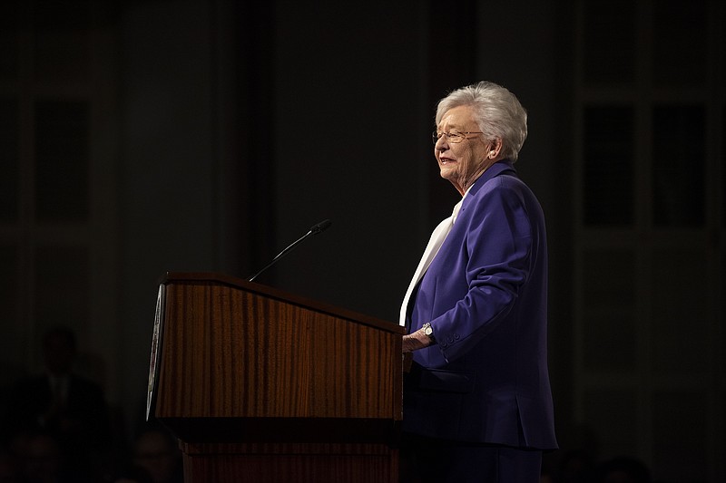 FILE - Alabama Gov. Kay Ivey delivers the State of the State address at the state Capitol, Feb. 6, 2024, in Montgomery, Ala. Ivey on Wednesday, March 20, signed legislation that would ban diversity, equity and inclusion programs at public schools, universities and state agencies and prohibit the teaching of “divisive concepts” including that someone should feel guilty because of their race or gender. (The Montgomery Advertiser via AP, File)