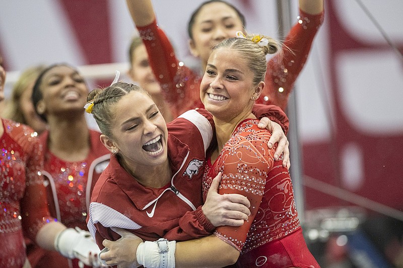 The Arkansas gymnastics team scored a program-record 198.1 in last week’s regular-season finale against Nebraska, marking the third time this season they’ve reset the record. “The team felt really excited about it,” Coach Jordyn Wieber said. “There’s still areas we can improve, but I feel like it was a confidence booster.”
(NWA Democrat-Gazette/Charlie Kaijo)