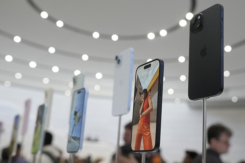 IPhone 15 phones are displayed during an announcement of new products on the Apple campus in Cupertino, Calif., in September.
(AP)