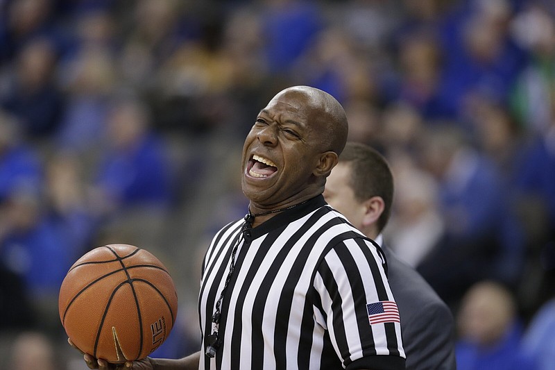 Referee Lamar Simpson called a foul with 14.7 seconds left in Thursday night’s game, leading to two free throws that worked against Samford at the end of its 93-89 loss to Kansas in the NCAA Tournament.
(AP/Nati Harnik)