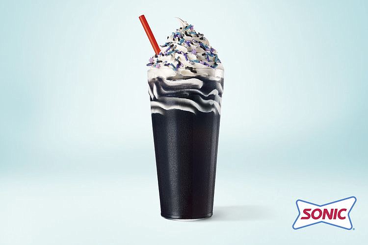 Sonic’s Blackout Slush Float is a sweet, cotton candy and dragon fruit flavored, all-black slush representing the temporary darkness from the solar eclipse and topped with creamy white soft serve and galaxy-themed sprinkles. The slush can be ordered at participating locations starting March 25 through May 5th while supplies last. (courtesy photo/SONIC)