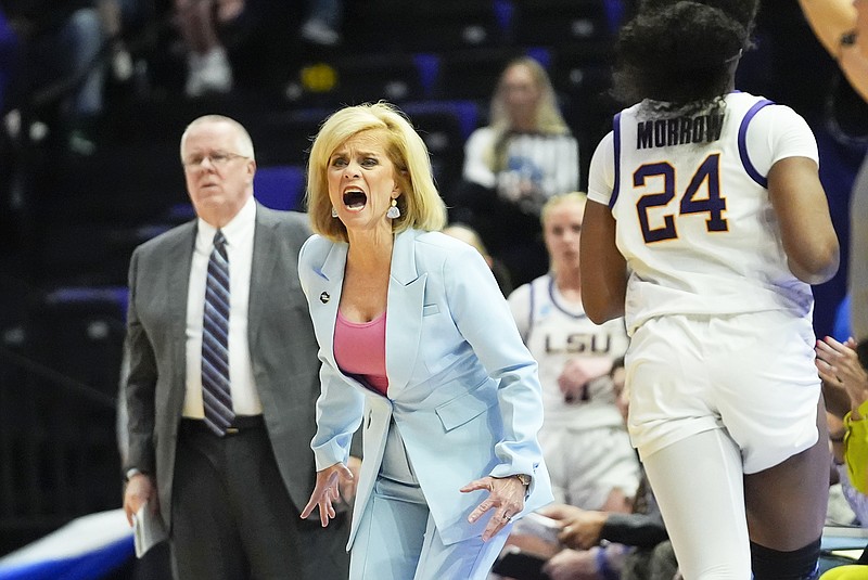 LSU coach Kim Mulkey calls out from the bench during the first half of Friday's first-round game in the women's NCAA Tournament against Rice in Baton Rouge, La. (Associated Press)