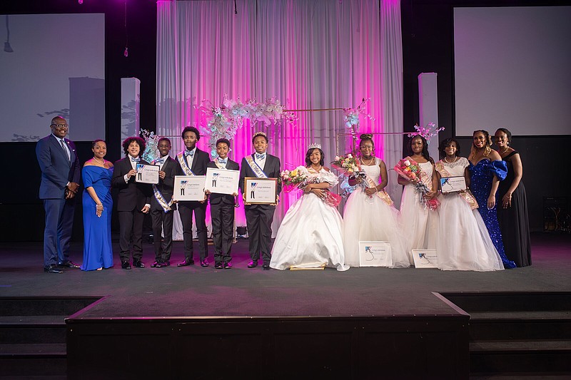 Pic 3: The winners are: Little Rock Mayor Frank Scott Jr., GLRC President Katrina Banks, Syieed Kabeer and Corey Montgomery (Mister Congeniality), Second Runner-up Tristian Harris, First Runner-up Caleb Harris, Mister Pink and Blue Hogan Cobbs, Miss Pink and Blue Skylar O’Guinn, First Runner-up Lyrick Fletcher, Second Runner-up Zoey Urquhart, Miss Congeniality Abigail Edwards, Foundation Chair Candice Bailey and Event Co-chair Quantia “Key” Fletcher. .at The Greater Little Rock Chapter of Jack and Jill of America's   inaugural Pink and Blue Junior Cotillion-Beautillion on  March 1, 2024 . at The Venue at Westwind, in North Little Rock, Arkansas. (Special to the Democrat-Gazette)