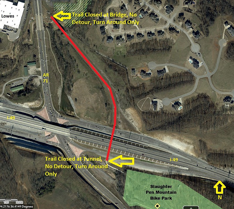 Bentonville announced Monday a section of the Razorback Greenway trail connecting Bentonville and Bella Vista will be closed for about two weeks starting April 1 due to construction.