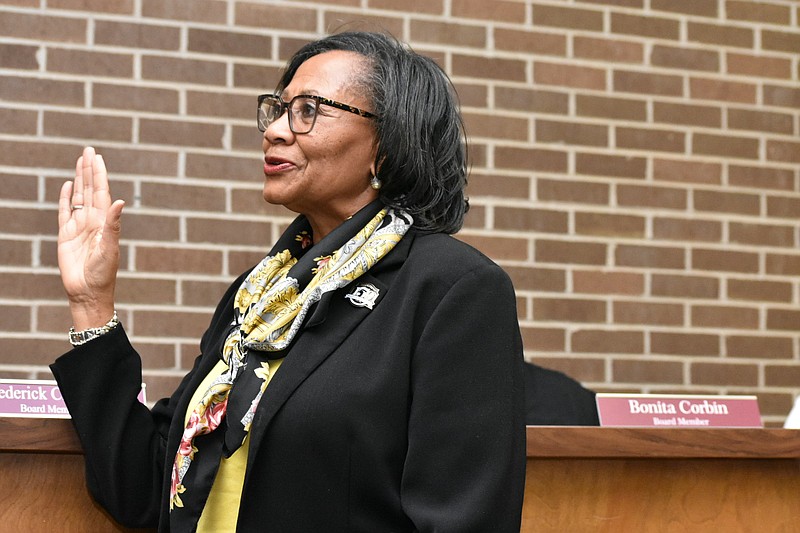 Bonita Corbin is sworn in to fill the Zone 6 seat on the Pine Bluff School District board vacated by Stephen A. Broughton on Monday, March 25, 2024. (Pine Bluff Commercial/I.C. Murrell)