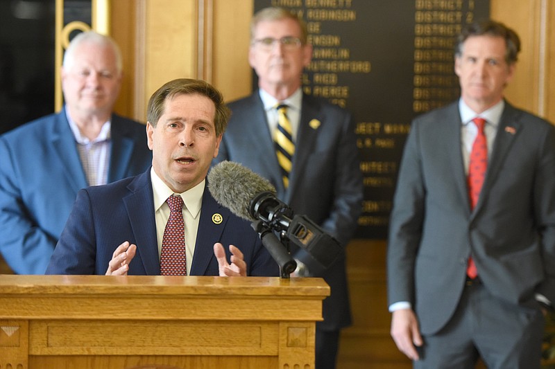 Staff photo by Matt Hamilton/ Congressman Chuck Fleischmann speaks during a news conference at Chattanooga City Hall on Monday. Behind him were EPB CEO David Wade, UTC chancellor Steve Angle and Chattanooga Mayor Tim Kelly.