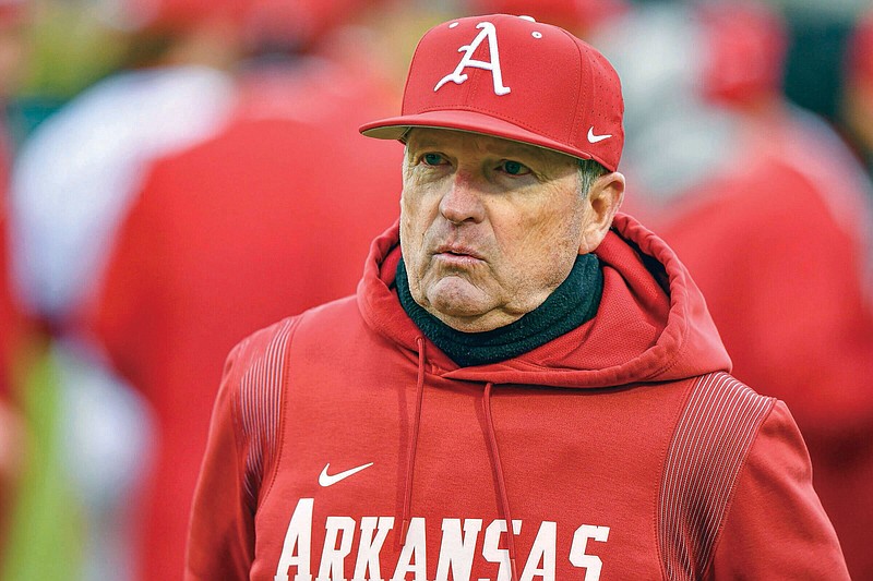 Arkansas head coach Dave Van Horn walks off the field after visiting with his team, Friday, Feb. 16, 2024, following the Razorbacks’ 6-4 win over James Madison at Baum-Walker Stadium in Fayetteville. Visit nwaonline.com/photo for today's photo gallery..(NWA Democrat-Gazette/Hank Layton)