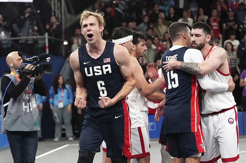 In this Oct 23, 2023, file photo, Canyon Barry of the United States celebrates after his team won the men's 3x3 basketball gold medal game against Chile at the Pan American Games in Santiago, Chile. (Associated Press)