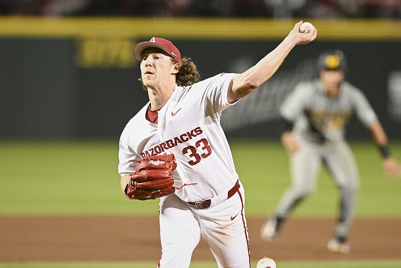 Arkansas left-hander Hagen Smith will start on the mound tonight for the top-ranked Razorbacks as they start a series against No. 7 LSU at Baum-Walker Stadium in Fayetteville, but the Tigers chose to move junior Luke Holman — who started the first game of each of the past two series — to the second game of the series Friday night.
(NWA Democrat-Gazette/Charlie Kaijo)