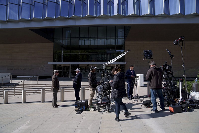 Media waits outside federal court Wednesday in Los Angeles. Attorneys for Hunter Biden are expected in court.
(AP/Eric Thayer)