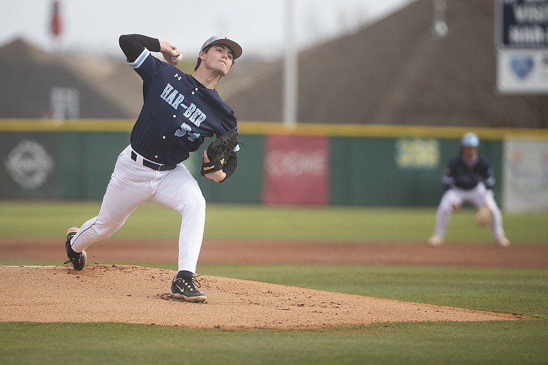 Har-Ber High School's Ross Felder pitches against Bentonville Tuesday March 26, 2024 during the 6A-West conference game at Har-Ber. Visit nwaonline.com/photo for today's photo gallery. (NWA Democrat-Gazette/J.T. Wampler).