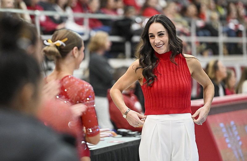 Arkansas gymnastics Coach Jordyn Wieber had six members of her team earn All-SEC recognition Wednesday. The six selections tied the program record for the highest number to earn All-SEC honors under Wieber.
(NWA Democrat-Gazette/Charlie Kaijo)