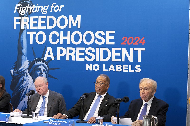 FILE - No Labels leadership and guests from left, Dan Webb, National Co-Chair Dr. Benjamin F. Chavis, and founding Chairman and former Sen. Joe Lieberman, speak about the 2024 election at National Press Club, in Washington, Jan. 18, 2024.  (AP Photo/Jose Luis Magana, File)