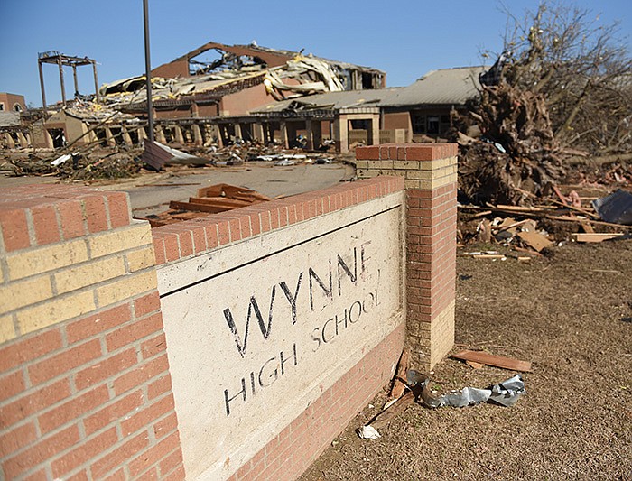 The Wynne High School campus is seen the day after it was hit by
a tornado on March 31, 2023.
(Arkansas Democrat-Gazette/Staci Vandagriff)