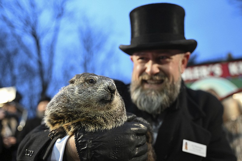 FILE - Groundhog Club handler A.J. Dereume holds Punxsutawney Phil, the weather prognosticating groundhog, during the 138th celebration of Groundhog Day on Gobbler's Knob in Punxsutawney, Pa., Friday, Feb. 2, 2024. The Punxsutawney Groundhog Club announced that Phil and his wife Phyliss, have become parents of two groundhog babies on Wednesday, March 27. Phil is credited by many with predicting whether an early spring is coming based on whether he sees his shadow on Feb. 2 each year. (AP Photo/Barry Reeger, File)