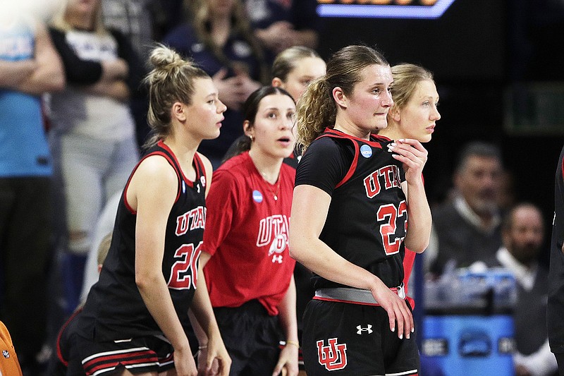 Utah players walk to the sideline during a timeout in Monday's second-round women's NCAA Tournament game against Gonzaga in Spokane, Wash. (Associated Press)