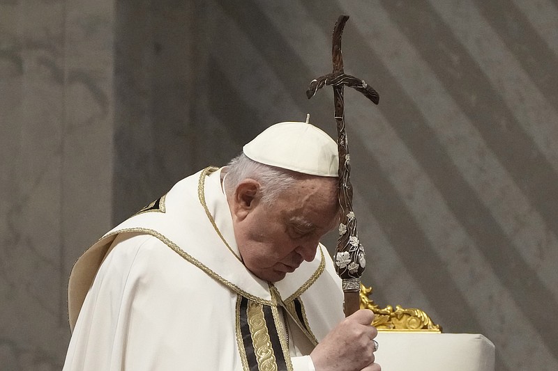 Pope Francis celebrates the Holy Chrism Mass in St. Peter's Basilica at The Vatican, Thursday, March 28, 2024. (AP Photo/Gregorio Borgia)