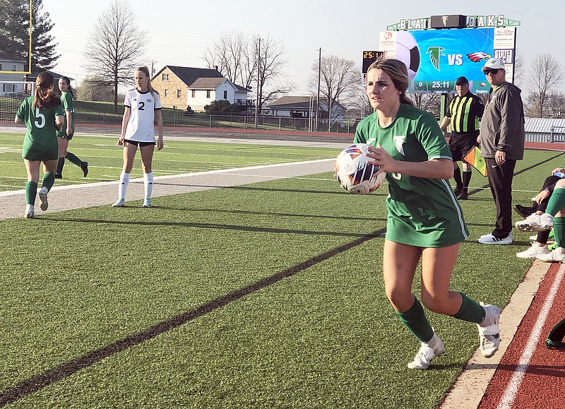 Hattie Meldrum of Blair Oaks does a throw-in during Thursday's game against Southern Boone at the Falcon Athletic Complex in Wardsville. (Tom Rackers/News Tribune)