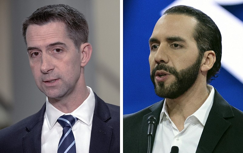 U.S. Sen. Tom Cotton (left), R-Ark., and El Salvador's President Nayib Bukele are shown in these photos taken on March 20, 2024, and Feb. 22, 2024, respectively. At left, Cotton speaks with reporters at the Senate Subway on Capitol Hill in Washington. At right, Bukele addresses the Conservative Political Action Conference at the National Harbor in Oxon Hill, Md. (Left, AP/Mariam Zuhaib; right, AP/Jose Luis Magana)