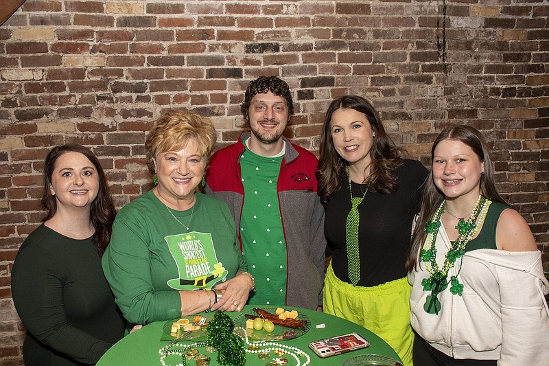 Sara Lovell, Jackie Arrison, Taylor Lovell,  Ragan Arrison and Adilie Arrison on 3/17/2024 at a VIP event held at the Williams Feed Store before the World's Shortest St. Patrick's Day Parade. (Arkansas Democrat-Gazette/Cary Jenkins)