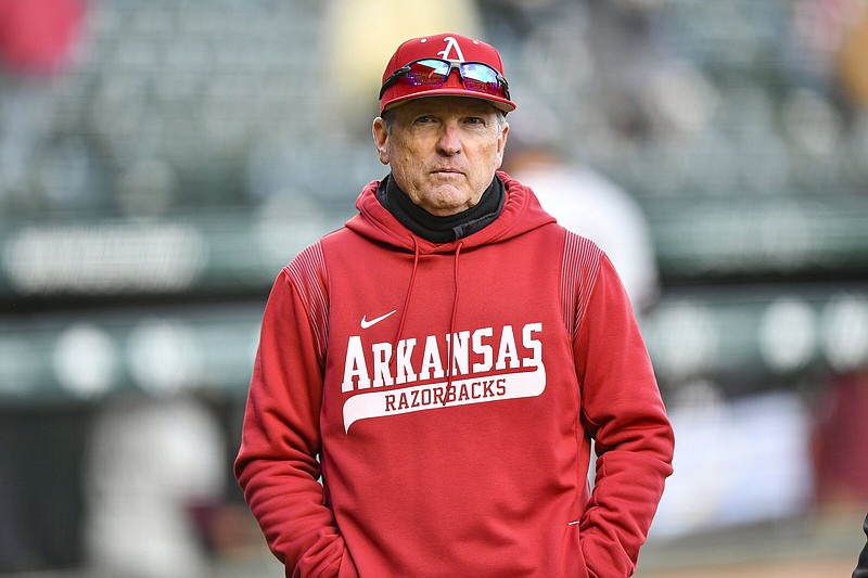 Arkansas head coach Dave Van Horn looks on, Tuesday, March 26, 2024, following the Razorbacks’ 11-0 run-rule victory over the UA-Little Rock Trojans at Baum-Walker Stadium in Fayetteville. Visit nwaonline.com/photo for today's photo gallery..(NWA Democrat-Gazette/Hank Layton)