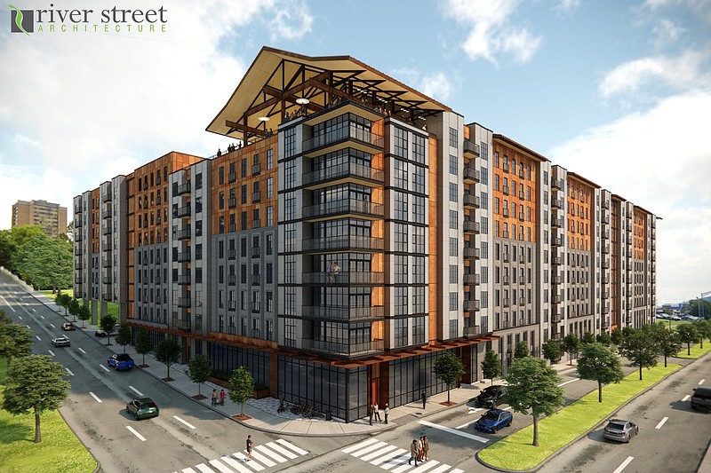 Contributed rendering / A proposal filed with the city calls for a 10-story apartment building with 621 units and 907 parking spaces in a garage at Riverfront Parkway and M.L. King Boulevard.
