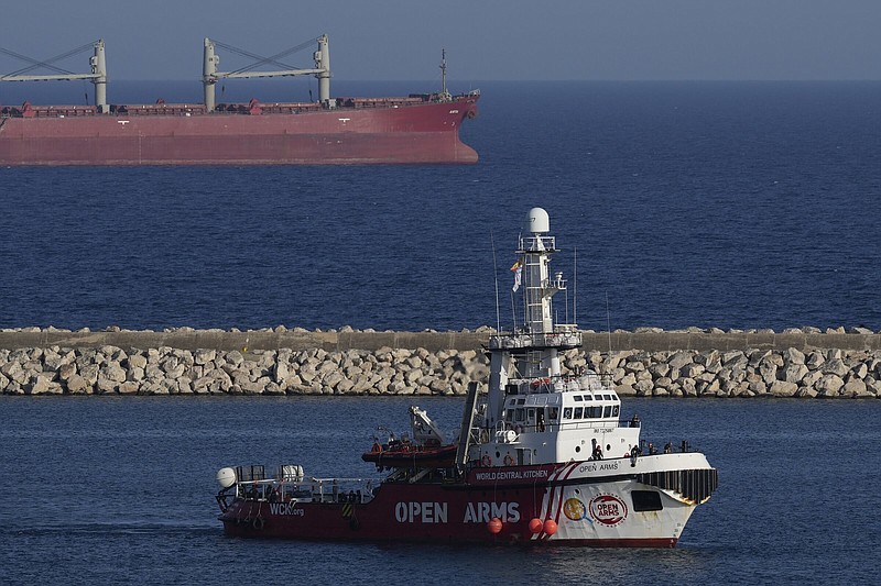 A ship belonging to the Open Arms aid group, one of three loaded with canned food destined for Gaza, has returned Wednesday to the Cypriot port of Larnaca, Cyprus.
(AP/Petros Karadjias)
