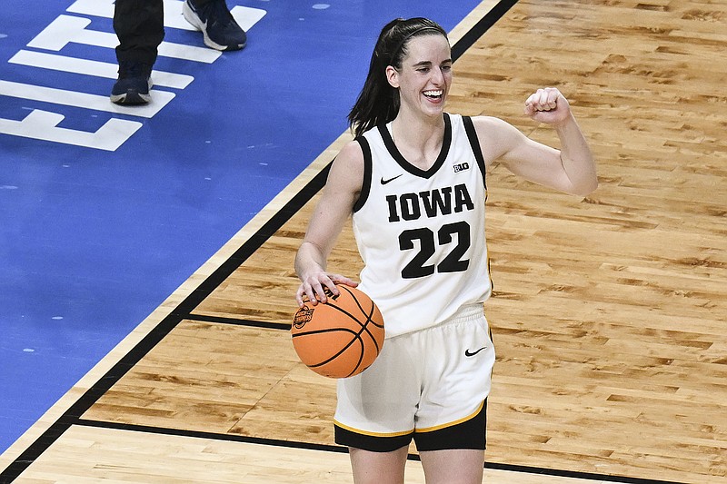 Iowa guard Caitlin Clark (22) reacts as time winds off the clock against LSU in an Elite Eight round college basketball game during the NCAA Tournament, Monday, April 1, 2024, in Albany, N.Y. (AP Photo/Hans Pennink)