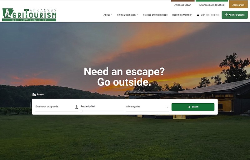 The homepage at aragritourism.com is shown in this screenshot taken Wednesday, April 3, 2024. The Arkansas Department of Agriculture has collaborated with Arkansas Agritourism on the website, which is designed to connect consumers with local food products, farm to school programs, and agritourism activities in the state.