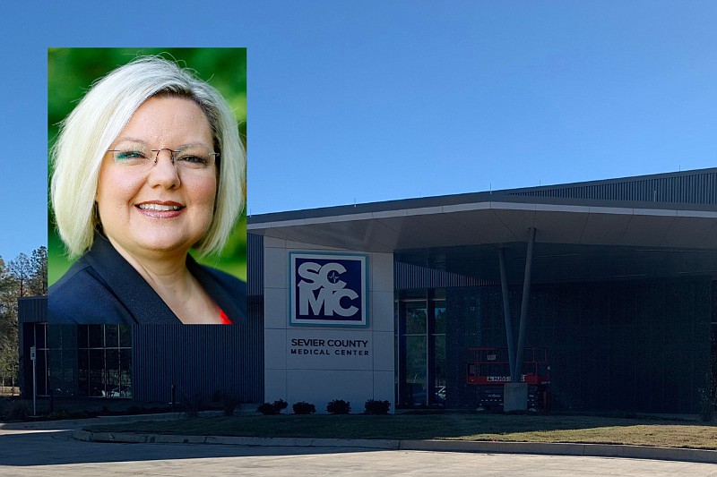 Lori House, the chief executive officer of the Sevier County Medical Center, is shown along with the hospital near De Queen in these undated file photos. (Main, Texarkana Gazette file photo; inset, Sevier County Medical Center courtesy photo)