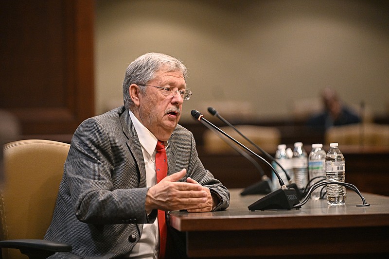 Arkansas Board of Corrections Chairman Benny Magness answers questions from legislators during the Joint Performance Review Committee meeting Thursday, April 4, 2024 at the state Capitol in Little Rock..(Arkansas Democrat-Gazette/Staci Vandagriff)
