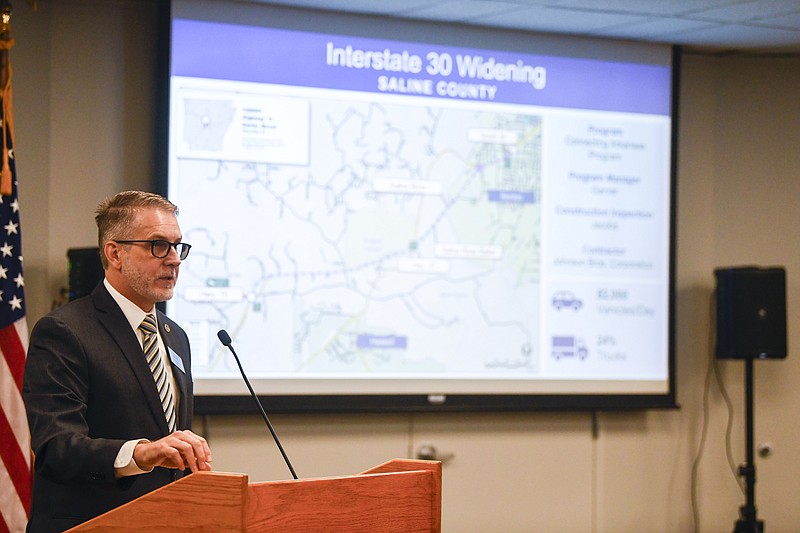 Rex Vines, Chief Engineer for Operations, discusses a possible move to declare a default on the contract to widen I-30 in Saline County during a meeting of the Arkansas Highway Commission in Little Rock on Thursday, April 4, 2024..(Arkansas Democrat-Gazette/Stephen Swofford)