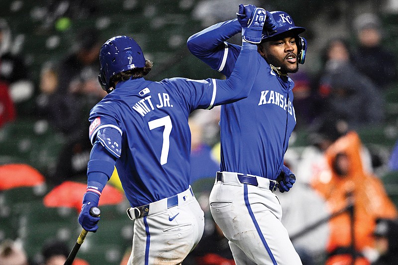 Maikel Garcia celebrates his home run with Royals teammate Bobby Witt Jr. during the seventh inning of Wednesday night’s game against the Orioles in Baltimore. (Associated Press)