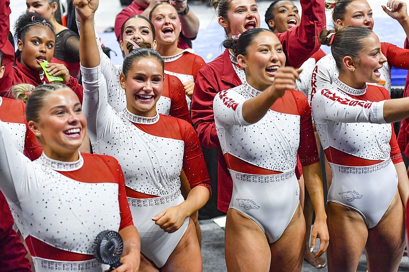 The Arkansas gymnastics team set or tied three program records for an NCAA regional Thursday and will now look to advance to the NCAA Championships, which it has not done since the postseason format changed in 2019.
(NWA Democrat-Gazette/Hank Layton)
