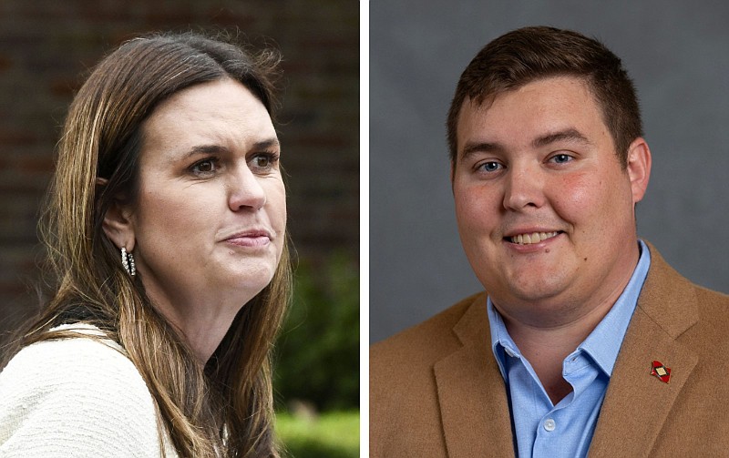 Arkansas Gov. Sarah Huckabee Sanders (left) and Jacksonville Republican Nick Priest are shown in these file photos. At left, Sanders speaks at the Governor’s Mansion in Little Rock in this Nov. 17, 2023 file photo. At right, Priest is shown in an undated courtesy photo.
