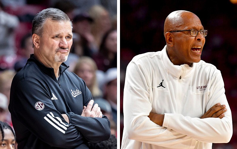 Mississippi State head coach Chris Jans (left) and University of Arkansas at Little Rock head coach Darrell Walker are shown on the sidelines of NCAA college basketball games in these file photos taken in Feb. 3, 2024, and Dec. 4, 2021, respectively. (Left, AP/Vasha Hunt; right, AP/Michael Woods)