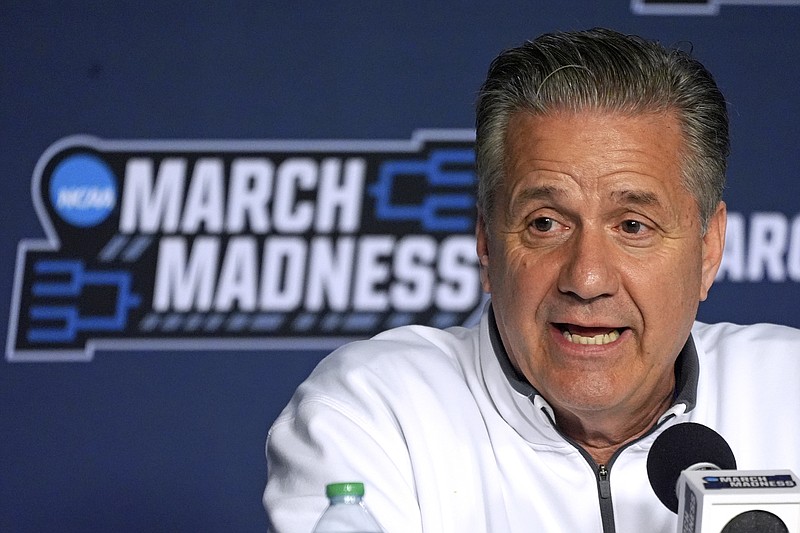 University of Kentucky head coach John Calipari meets with reporters before attending his NCAA college men's basketball team practice at PPG Paints Arena in Pittsburgh, Wednesday, March 20, 2024. Kentucky will face Oakland in a first round tournament game on Thursday. (AP Photo/Gene J. Puskar)