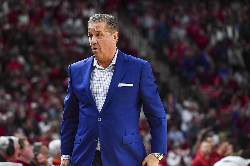 Kentucky head coach John Calipari reacts, Saturday, Jan. 27, 2024, during the first half of the Wildcats’ 63-57 win over the Arkansas Razorbacks at Bud Walton Arena in Fayetteville. Visit nwaonline.com/photo for today’s photo gallery..(NWA Democrat-Gazette/Hank Layton)