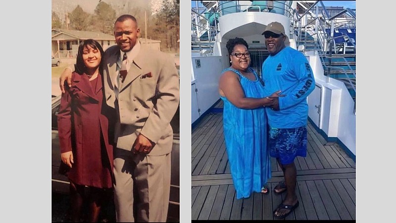 This combined photo shows Donna and Willie Laws around the time of their wedding, Sept. 3, 1988 (left) and then celebrating a cruise closer to their 30th anniversary (right). (Special to the Democrat-Gazette)