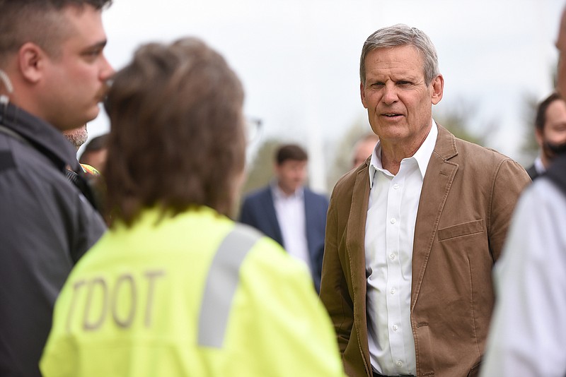 Staff photo by Matt Hamilton/ Tennessee Gov. Bill Lee talks to TDOT workers during a tour at the district 2 Tennessee Department of Transportation location on Monday, April 8, 2024.