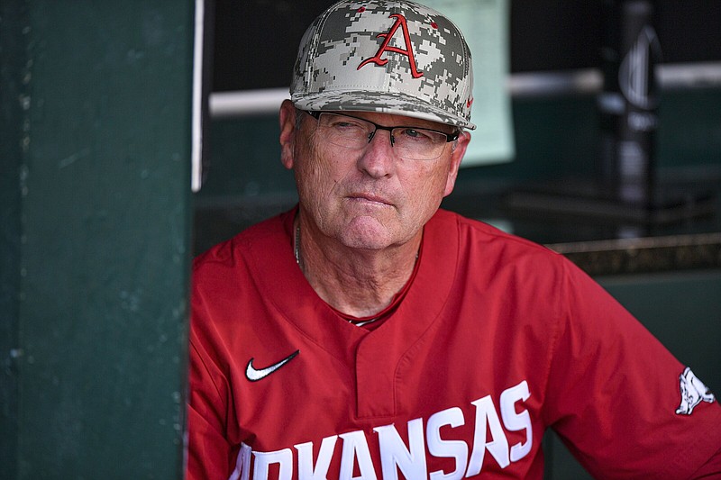 Arkansas head coach Dave Van Horn looks on from the dugout, Friday, April 5, 2024, before the first inning against Ole Miss at Baum-Walker Stadium in Fayetteville. Visit nwaonline.com/photo for today's photo gallery..(NWA Democrat-Gazette/Hank Layton)