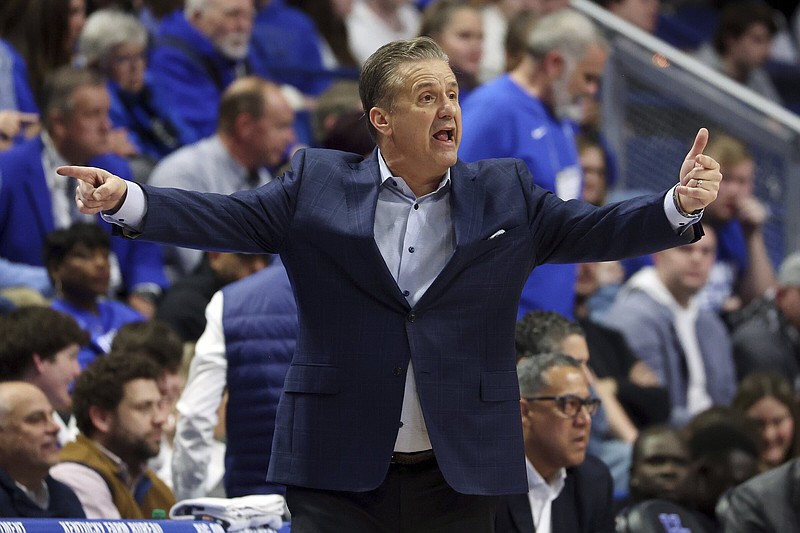 Kentucky coach John Calipari directs the team during the second half of an NCAA college basketball game against Mississippi on Tuesday, Feb. 13, 2024, in Lexington, Ky. (AP Photo/James Crisp)