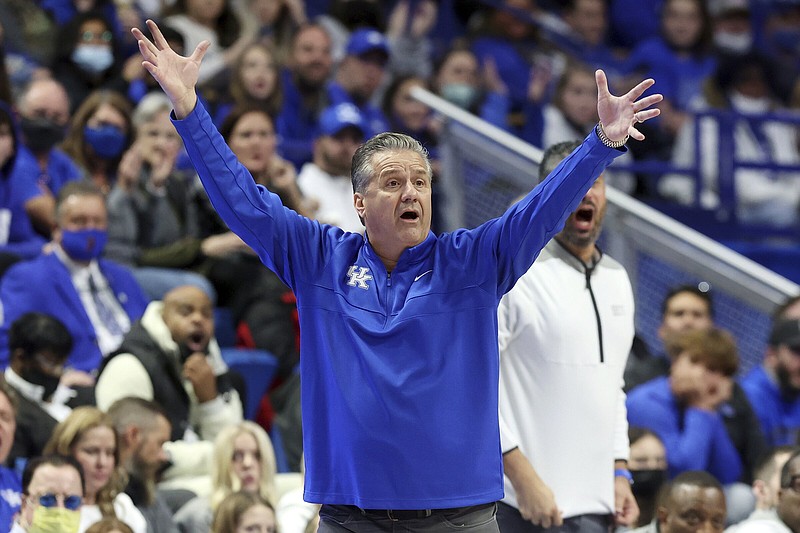 Kentucky coach John Calipari reacts to a play during the second half of the team's NCAA college basketball game against Albany in Lexington, Ky., Monday, Nov. 22, 2021. (AP Photo/James Crisp)