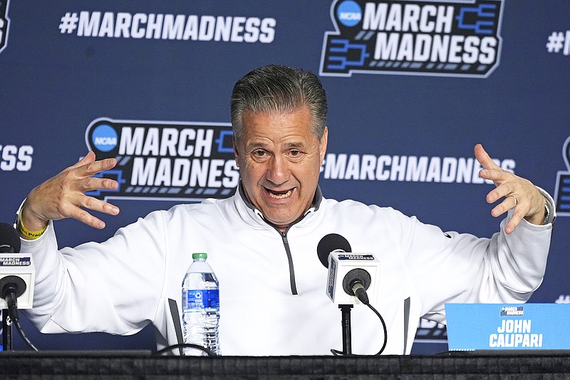 In this March 20 file photo, John Calipari meets with reporters before Kentucky's practice for a men's NCAA Tournament game in Pittsburgh. (Associated Press)