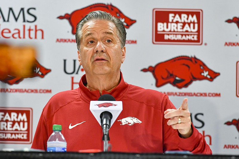 New Arkansas men’s basketball coach John Calipari speaks, Wednesday, April 10, 2024, during an introductory press conference at Bud Walton Arena in Fayetteville. Visit nwaonline.com/photo for today's photo gallery..(NWA Democrat-Gazette/Hank Layton)