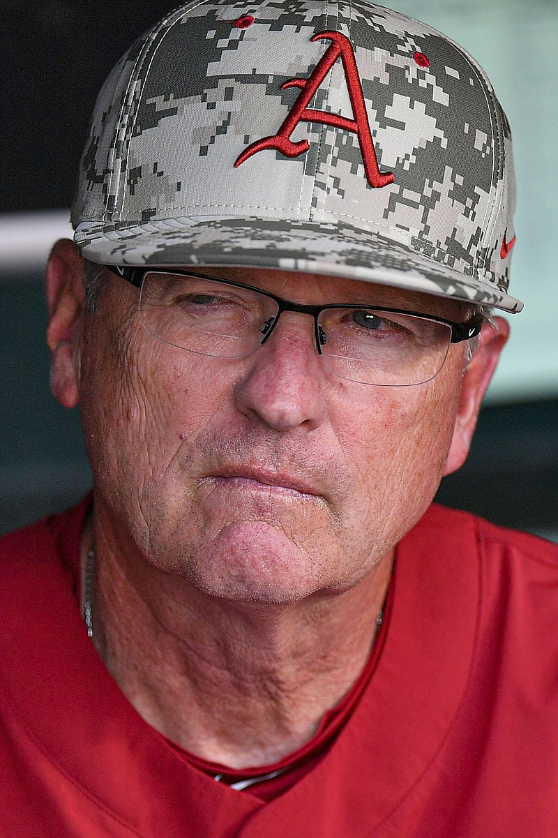 Arkansas head coach Dave Van Horn looks on from the dugout, Friday, April 5, 2024, before the first inning against Ole Miss at Baum-Walker Stadium in Fayetteville. 
(NWA Democrat-Gazette/Hank Layton)