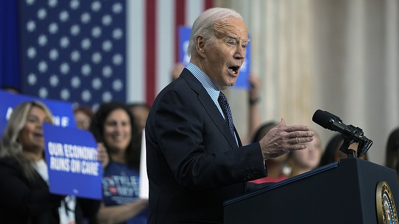 President Joe Biden delivers remarks on proposed spending on child care and other investments in the "care economy" during a rally at Union Station, Tuesday, April 9, 2024, in Washington. (AP Photo/Evan Vucci)