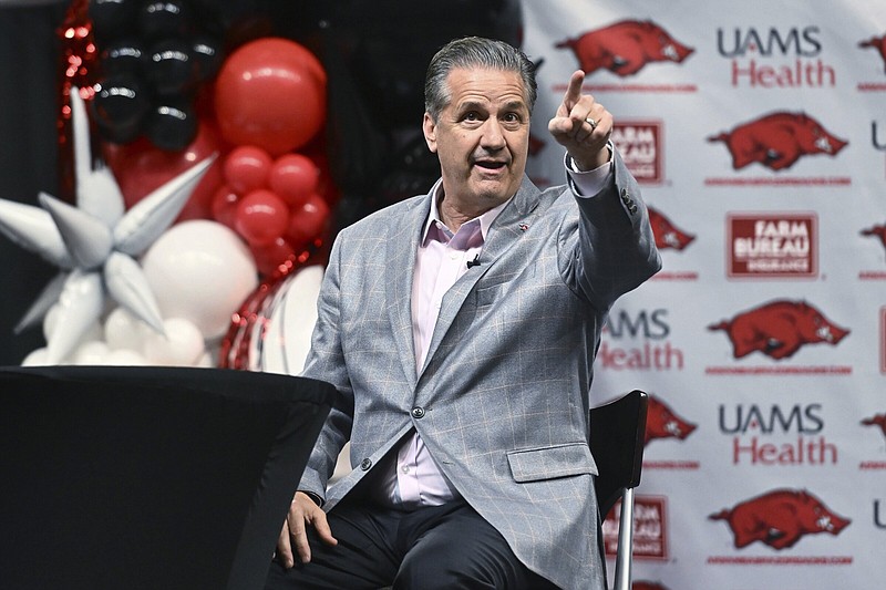John Calipari answers questions after being introduced as the Arkansas men's basketball coach Wednesday, April 10, 2024, in Fayetteville, Ark. (AP Photo/Michael Woods)