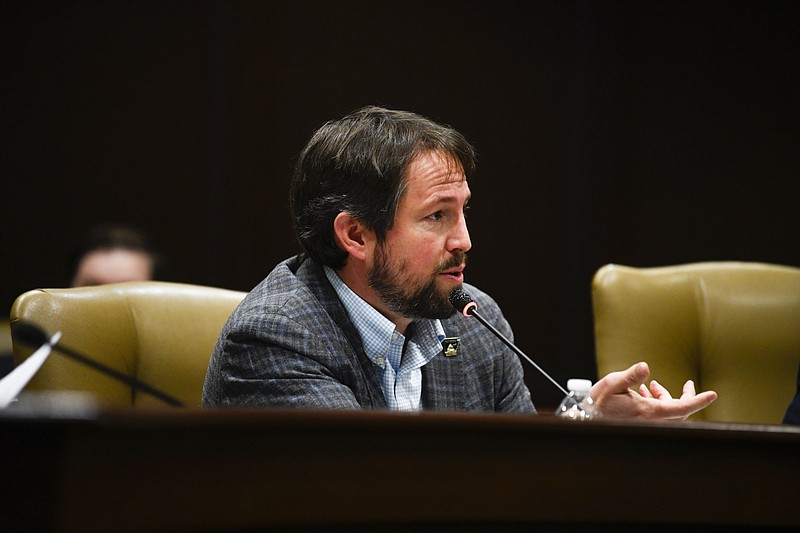 Arkansas state Sen. Clarke Tucker, D-Little Rock, asks a question during a meeting of the Executive Subcommittee of the Arkansas Legislative Council at the state Capitol in this March 14, 2024, file photo. (Arkansas Democrat-Gazette/Stephen Swofford)
