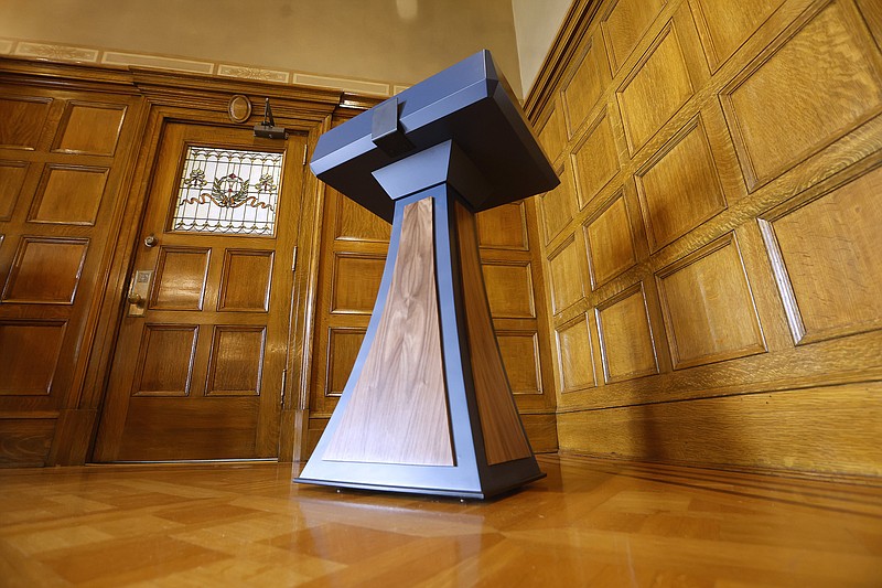 FILE - The $19,029.25 lectern purchased by the Sanders administration in June, seen in the Governor’s Conference Room at the state Capitol in Little Rock on Tuesday, Sept. 26, 2023.                          
(Arkansas Democrat-Gazette/Thomas Metthe)